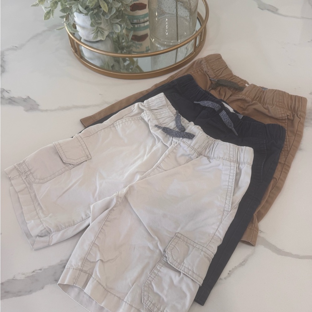 Set of Three Boys' Shorts - Light Gray, Navy Blue & Dark Khaki.
